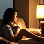 Emotional Comfort and Stress Relief from Pets**
    "A cozy, warm-lit indoor scene. A person (mid-20s to early 40s, appearing relaxed) is sitting comfortably on a sofa or floor, gently stroking a domestic cat that is purring contentedly on their lap or rubbing against their legs. The person's expression shows peace and relief. Soft, diffused lighting, perhaps from a window at dusk or a warm lamp, emphasizing a sense of tranquility and an intimate bond between human and pet. The background suggests a comfortable home environment, like a modern Malaysian living space."

2.  **Prompt for